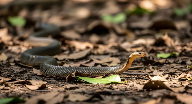 King Cobra snake crawling across the dry forest floor among fall
