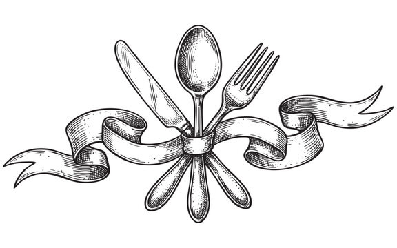 Cutlery Set with Knife Fork and Spoon Wrapped with blank Ribbon engraving vector illustration