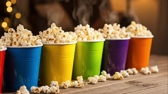 Colorful Popcorn Buckets Lined Up on Wooden Table Movie Night Snack