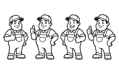 Naklejka premium Cheerful Plump Cartoon Worker Character in Overalls Giving Thumbs Up