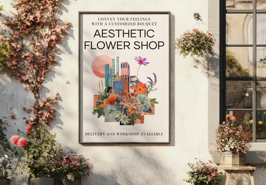 Floral Poster Mockup Outside Shop PSD