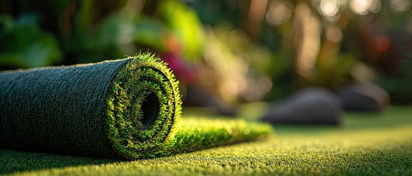 Rolled artificial turf on green grass