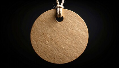 Blank Round Craft Paper Tag Hanging on Twine Against Dramatic Black Background for Copy Space