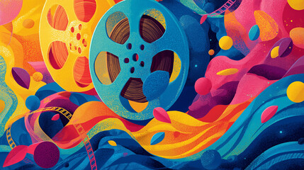 Vibrant Film Reel Artwork With Bright Waves And Festive Cinema Festival Theme