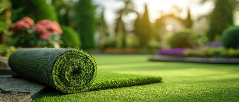 Roll of artificial turf on green lawn