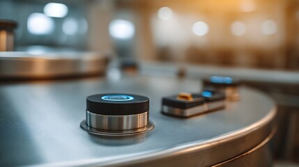Close up of an advanced industrial control panel with illuminated blue and orange buttons