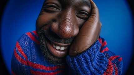 Close-Up Portrait Of A Smiling Man With A Blue Red Striped Sweater, Fisheye Lens Distortion