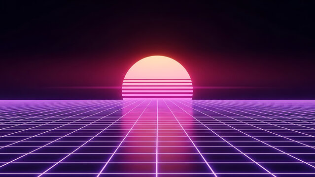 Neon Sunset on Purple Grid Landscape with Pink Horizon