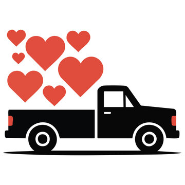 Red vintage truck with hearts for Valentines Day vector illustration isolated on white background