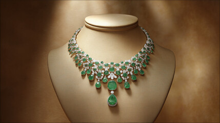 Exquisite emerald and diamond necklace showcased on a jewelry display stand for luxury fashion ads