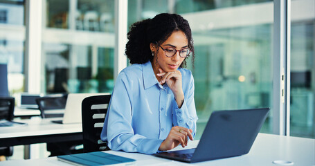 Reading, employee and woman with laptop, office and risk assessment for investment proposal or...