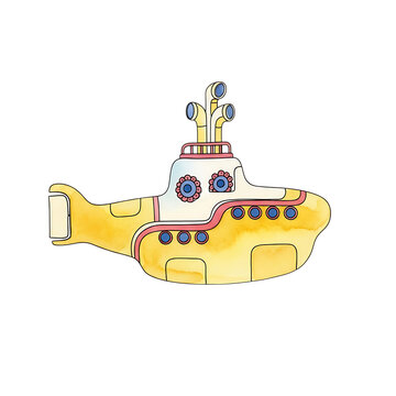 Yellow submarine watercolor art isolated on transparent background