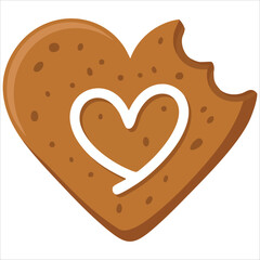 Bitten gingerbread heart cookie cartoon flat vector illustration isolated on white background