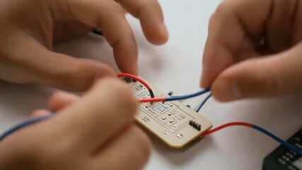 Hands Connecting Wires on a Simple Circuit Board. Educational / eLearning & Up-skilling. Two hands gently connecting wires to electronic circuit board, an online electronics practical course.

