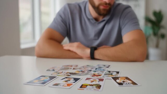 Man Learning a New Language with Flashcards. Educational / eLearning & Up-skilling. Bright photograph of a man sitting casually, reviewing , language flashcards spread out on a table.
