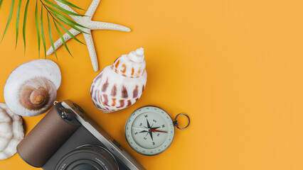 Beach travel accessories compass starfish camera copy space. 3d rendering