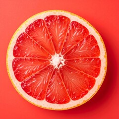 Vibrant Red Grapefruit Cross-Section Macro Shot on a Bright Coral Background, Highlighting Juicy Segments and Freshness