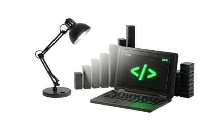 Laptop with code symbol, desk lamp, and bar graph