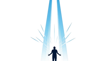 Silhouette of a person stepping into a bright futuristic portal
