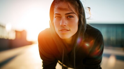 Young woman in a hoodie looking at camera, catching breath during outdoor exercise