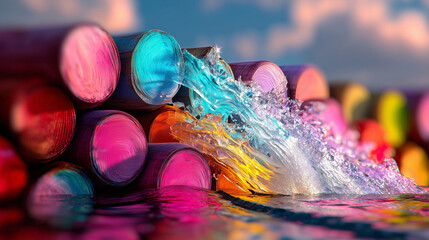 Vibrant Colorful Paint Markers Piled High With Water Splash On Bright Reflective Surface