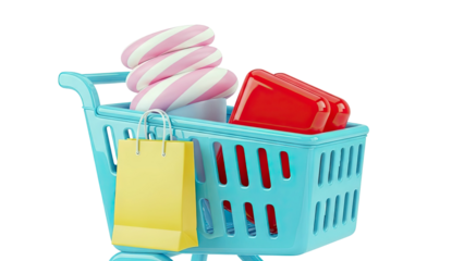 Blue shopping cart with candy and shopping bag