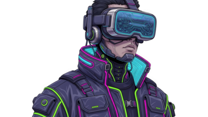 Futuristic man wearing virtual reality headset in neon lit cyberpunk outfit