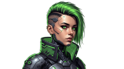 Cyberpunk woman with green hair and robotic enhancements