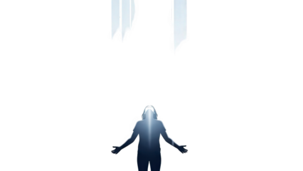 Person reaching for light in dark space with open arms