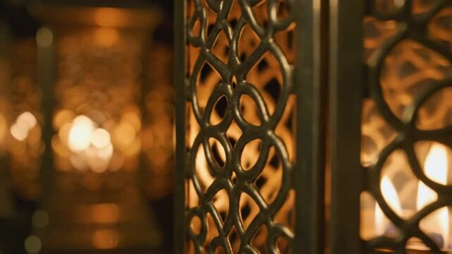 Intricate metal lanterns with glowing lights in a warm and cozy atmosphere