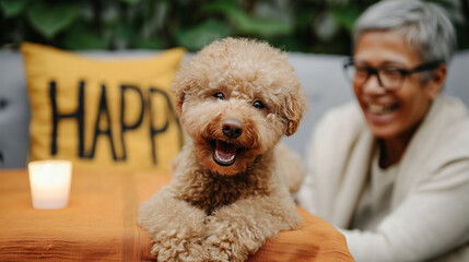 Happy Poodle With Elderly Woman At Cozy Table For A Warm, Cheerful Home Moment