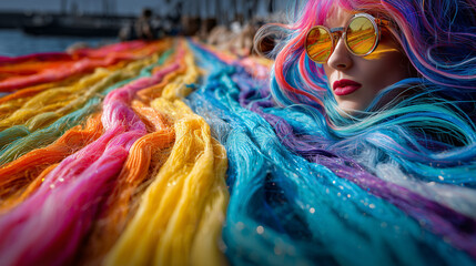 Vibrant Rainbow-Haired Woman in Colorful Glow Sunglasses Surrounded by Rainbow Textures