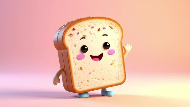 Animated bread character waving hello on a soft pink background