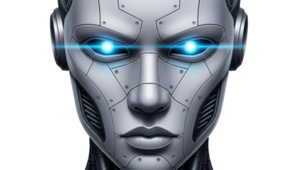 Cyborg face with glowing blue eyes on dark background