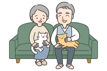 ペットを抱くシニア夫婦のイラスト