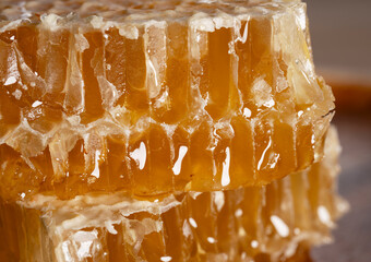 Macro Shot of Fresh Organic Honeycomb with Glistening Golden Honey