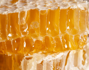 Macro Shot of Fresh Organic Honeycomb with Glistening Golden Honey