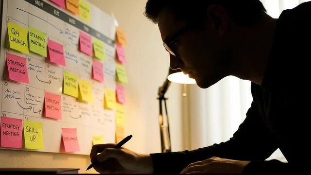 Planning Strategy Meetings and Project Launches Desk Calendar and Sticky Notes for Task Organization in Focused Atmosphere
