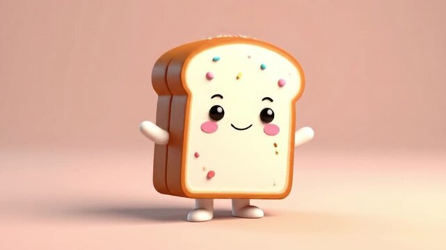 Animated cartoon bread character smiling and posing on soft background