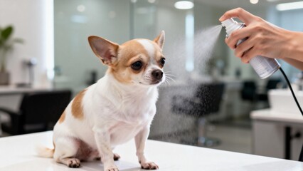 Small dog being sprayed with a can
