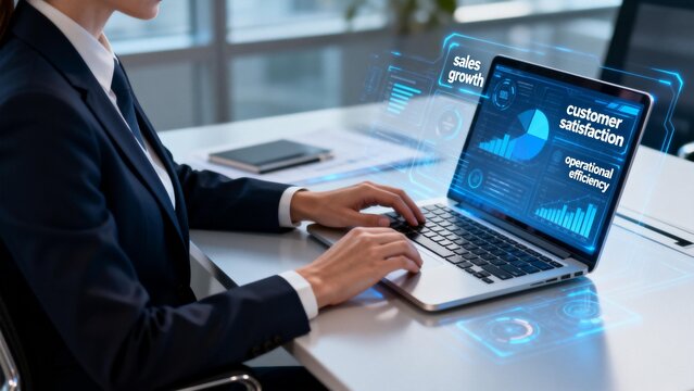 Business professional working on laptop with data visuals - Powered by Adobe