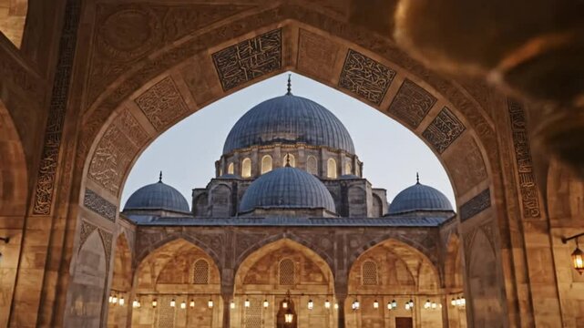 View of the majestic mosque's intricate architecture through an ornate archway at dusk