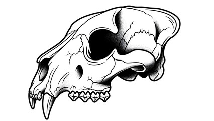 A black and white stylized drawing of a lion skull showing sharp canine teeth and skeletal structure
