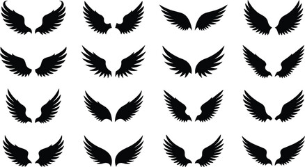 Black wings silhouette collection, angel and bird wing icons, flat vector symbols, tattoo and logo design elements, isolated © Boony