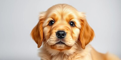 Fluffy golden retriever puppy with big, innocent eyes, tilting head adorably,  big eyes,  grass