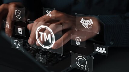 Trademark protection and legal compliance with TM icon, copyright law, patent check, intellectual property rights, and branding regulation enforcement Marrow