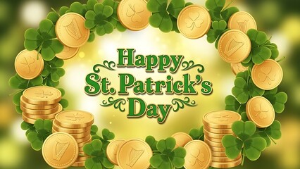 Happy st patrick's day wishes with shamrocks and gold coins celebrating irish heritage and luck