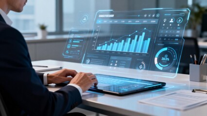 Businessman using futuristic data analytics interface