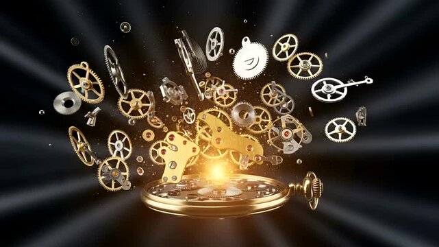 Golden Clockwork Mechanism Exploding with Light.