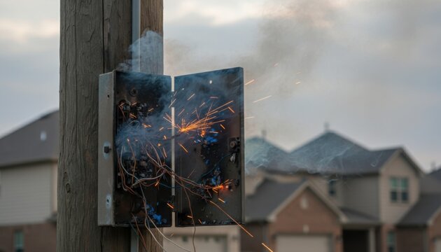 Electrical utility box on a pole sparking and smoking from a severe short circuit in a residential neighborhood.